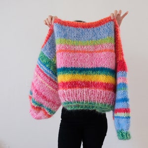 Fashion Handmade Rainbow Bubble Sleeve Short Pullover Hand Knitted Mohair Sweater Women