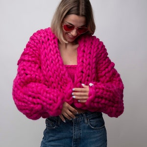 Fuchsia Cardigan, Pink Cardigan, Chunky Cardigan, Wool Cardigan, Knit Chunky Cardigan, Hand Knit Cardigan, 100% Wool, Colorful