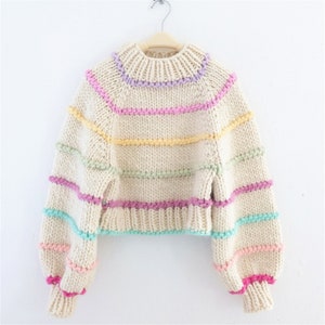 Autumn Fashion Trends Colorful Stripe 100 Wool Long Sleeve Pullover Hand Knitting Sweater