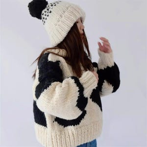 2025 Fashion Trends Jacquard Hand Knitting Hats Long Sleeve Pullover Irregular Cow Pattern Handmade Wool Sweater