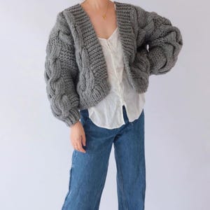 Hand knit oversize woman sweater chunky slouchy wool cable knit short cardigan