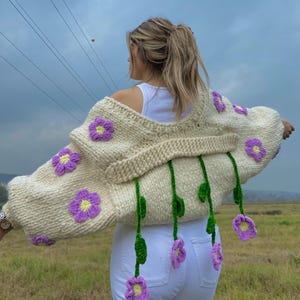 Handmade Chunky Knit Flower Cardigan, Crochet Cropped Jacket
