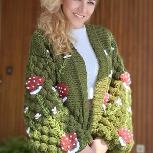 Handmade Knitted Cardigan: Mushroom Motif Green Cardigan
