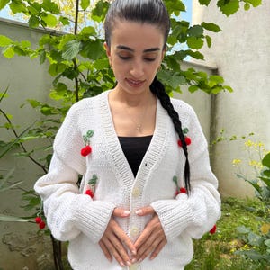 Cherry Bliss Hand Knitted Women's Cardigan with Cute Fruit Embroidery– Women’s Cozy Knitwear – Soft Handmade Sweater – Cute Fruit Embroidery