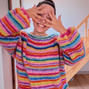 Hand-Knitted Cotton Mohair Striped Sweater: Colorful Oversized Unisex Fit