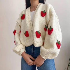Handmade Strawberry Knit Cardigan: Cotton Cottagecore Sweater