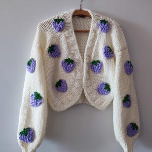 Handmade Chunky Knit Strawberry Cardigan: Embroidered Oversized Sweater