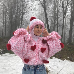 MERKE Love Knit Cardigan and Hat Set, Pink Red Heart Sweater Jacket, 3D Heart Cardigan Handmade Chunky Knitwear, Cute Valentine Gift for Her