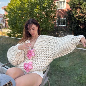 Handmade Chunky Knit Cardigan, Cream Floral Sweater Jacket