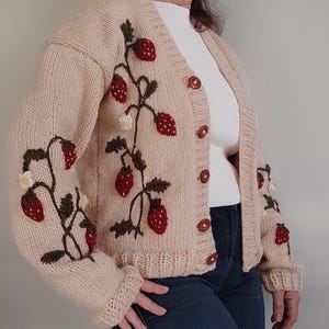Strawberry Embroidered Wool-Blend Cardigan: Cozy Button-Up Knit Sweater