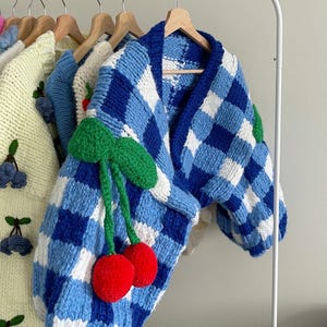 MERKE Cherry Knit Cardigan, Blue White Checkered Chunky Sweater, Handmade Oversized Knitwear, Kawaii Fruit Jacket, Cute Winter Gift for Her