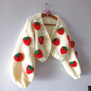 Cozy Handmade Strawberry Knit Cardigan, Chunky Oversized Sweater, 3D Embroidery, Gift for Her, Aesthetic Holiday Knitwear