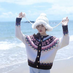 Original design hand-knitted Icelandic sweater cherry blossom Japanese retro Fair Isle cat knitted cardigan women