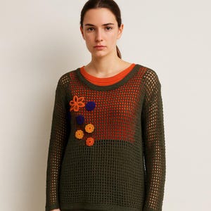 Handmade Crochet Flower Sweater - Chunky Knit Wool - Eco-Friendly