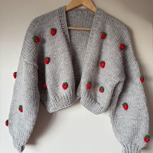 Chunky knit Cardigan Handmade Sweater strawberries cardigan heart