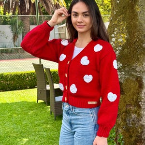 Handmade Red Heart Cardigan – Cozy Crochet Knit Sweater,Christmas Gift