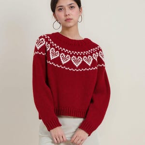 Hand Knit Red Heart Sweater | 100% Wool | Cozy Christmas Sweater