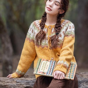 Handmade Fair Isle Handmade sweater cardigan loose turmeric lovely Nordic retro style thick rod knitting